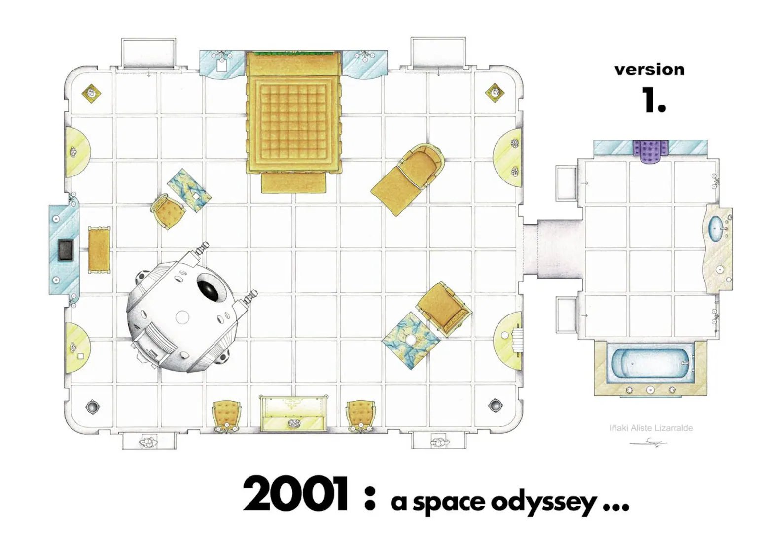 Discovery One spacecraft floor plan from 2001 A Space Odyssey showing HAL's eye and rotating centrifuge design