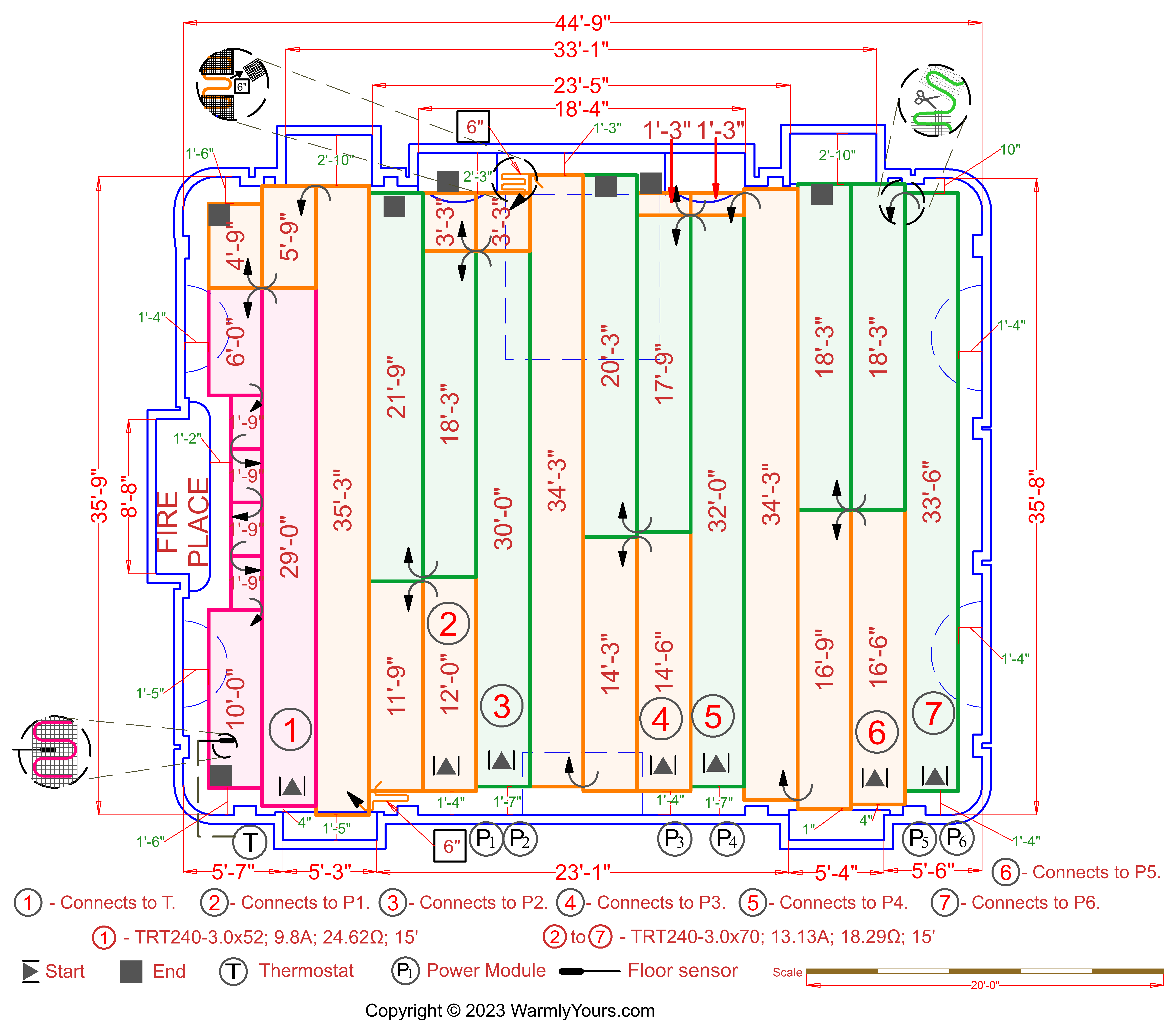 WarmlyYours custom 7-zone radiant heating installation plan for Discovery One spacecraft with TRT240 thermostats
