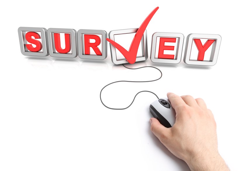 A digital illustration of a survey checkbox with a red check mark connected by a cord to a computer mouse held by a hand.