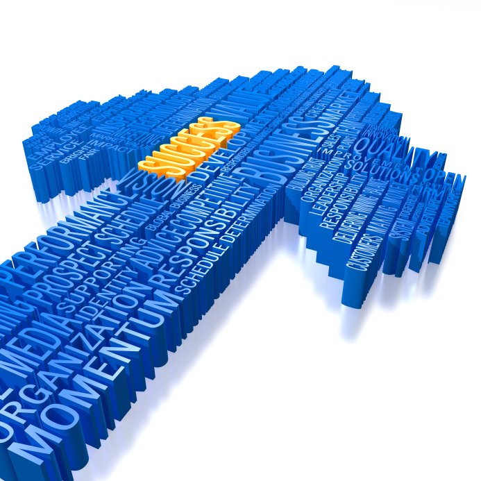 A 3D illustration of an upward-pointing arrow formed by business-related words with the word SUCCESS highlighted in yellow.