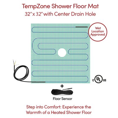 TempZone™ Shower Mat 120V 32″ x 32″ with Center Drain Hole, 7.1 Sq. Ft., 0.9A