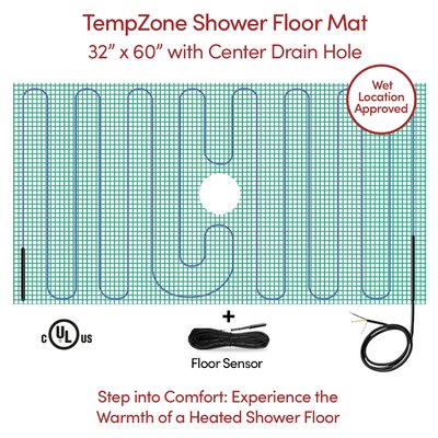 TempZone™ Shower Mat 120V 32″ x 60″ with Center Drain Hole, 13.3 Sq. Ft., 1.7A