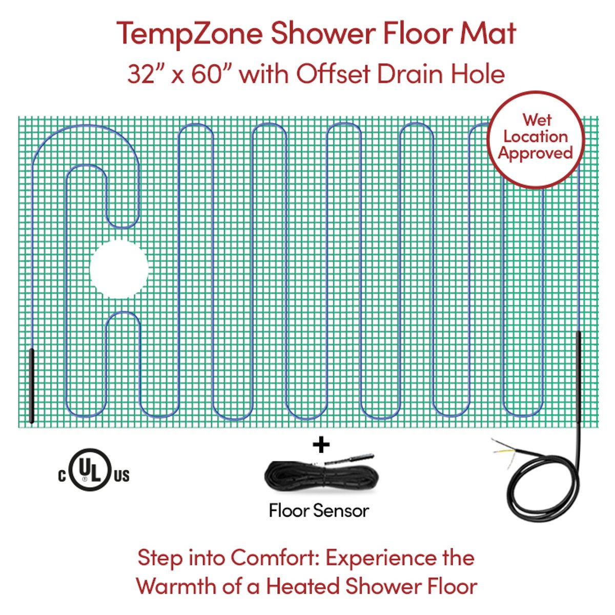TempZone Shower Floor Mat 32x60 offset drain