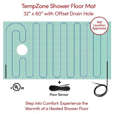 TempZone™ Shower Mat 120V 32″ x 60″ with Offset Drain Hole, 13.3 Sq. Ft., 1.7A