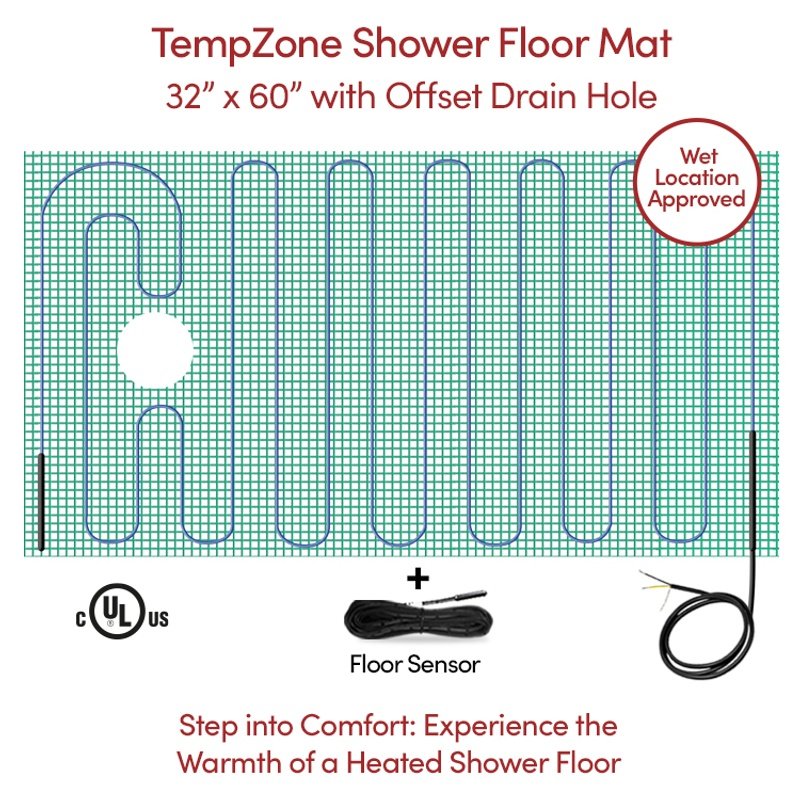 TempZone Shower Floor Mat 32x60 offset drain