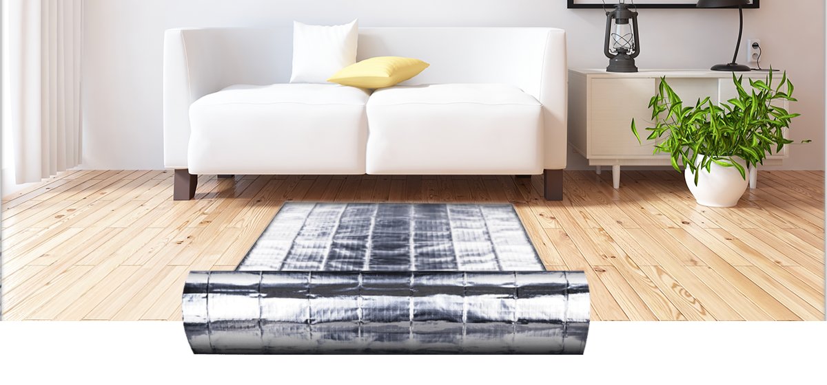 Close-up of Environ™ Floor Heating Mats designed for installation under laminate and floating wood flooring, featuring foil-encased heating elements.