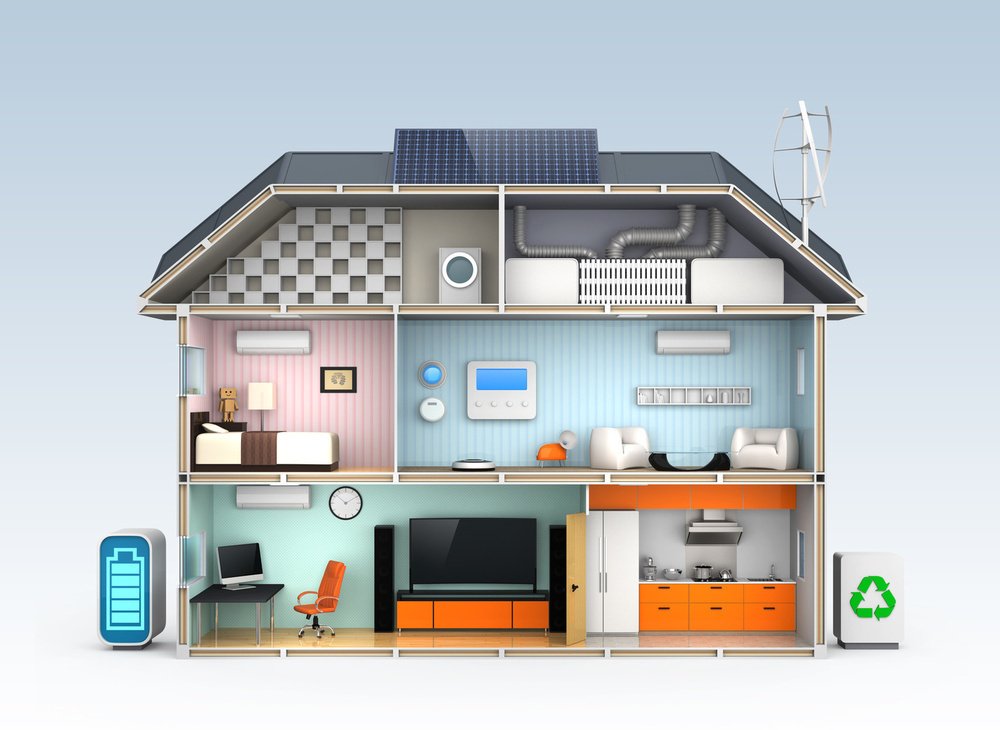 A 3D cross-section illustration of an energy-efficient smart home featuring solar panels, wind turbines, and integrated climate control systems.