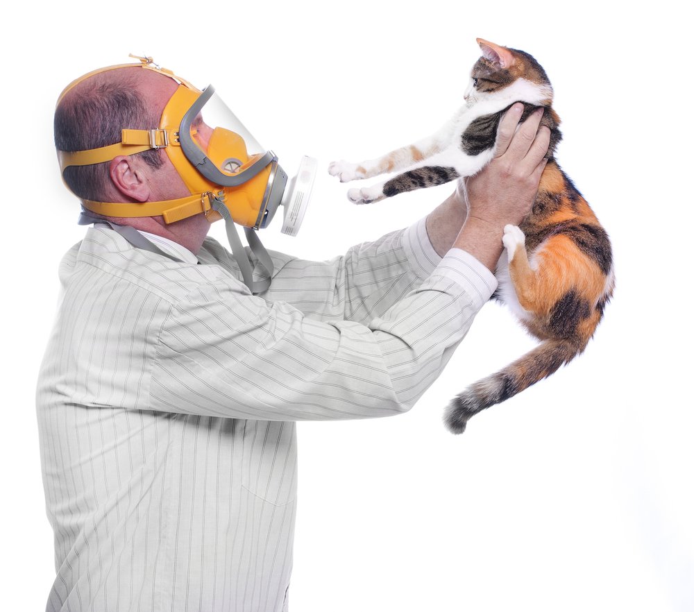 A man wearing a yellow respirator mask holding a cat in a bathroom setting to illustrate ways to reduce allergens.