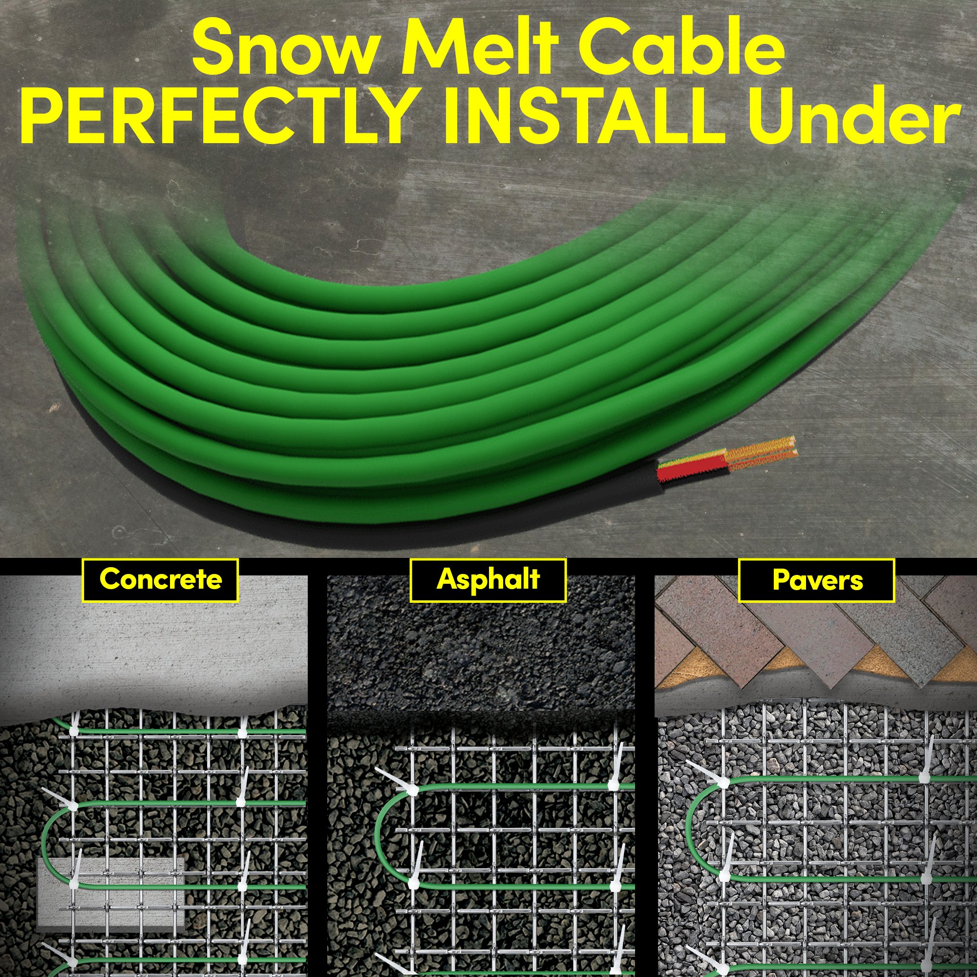 Snow melting cable installation under concrete, asphalt, and pavers