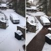 A before and after image of a heated driveway with a snow melting system installed under pavers.