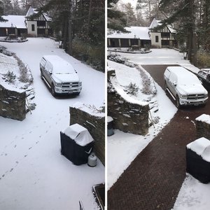 A before and after image of a heated driveway with a snow melting system installed under pavers.
