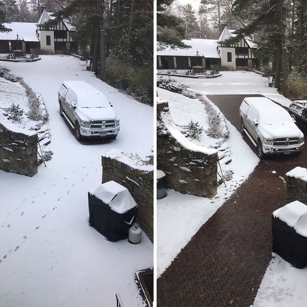 A before and after image of a heated driveway with a snow melting system installed under pavers.