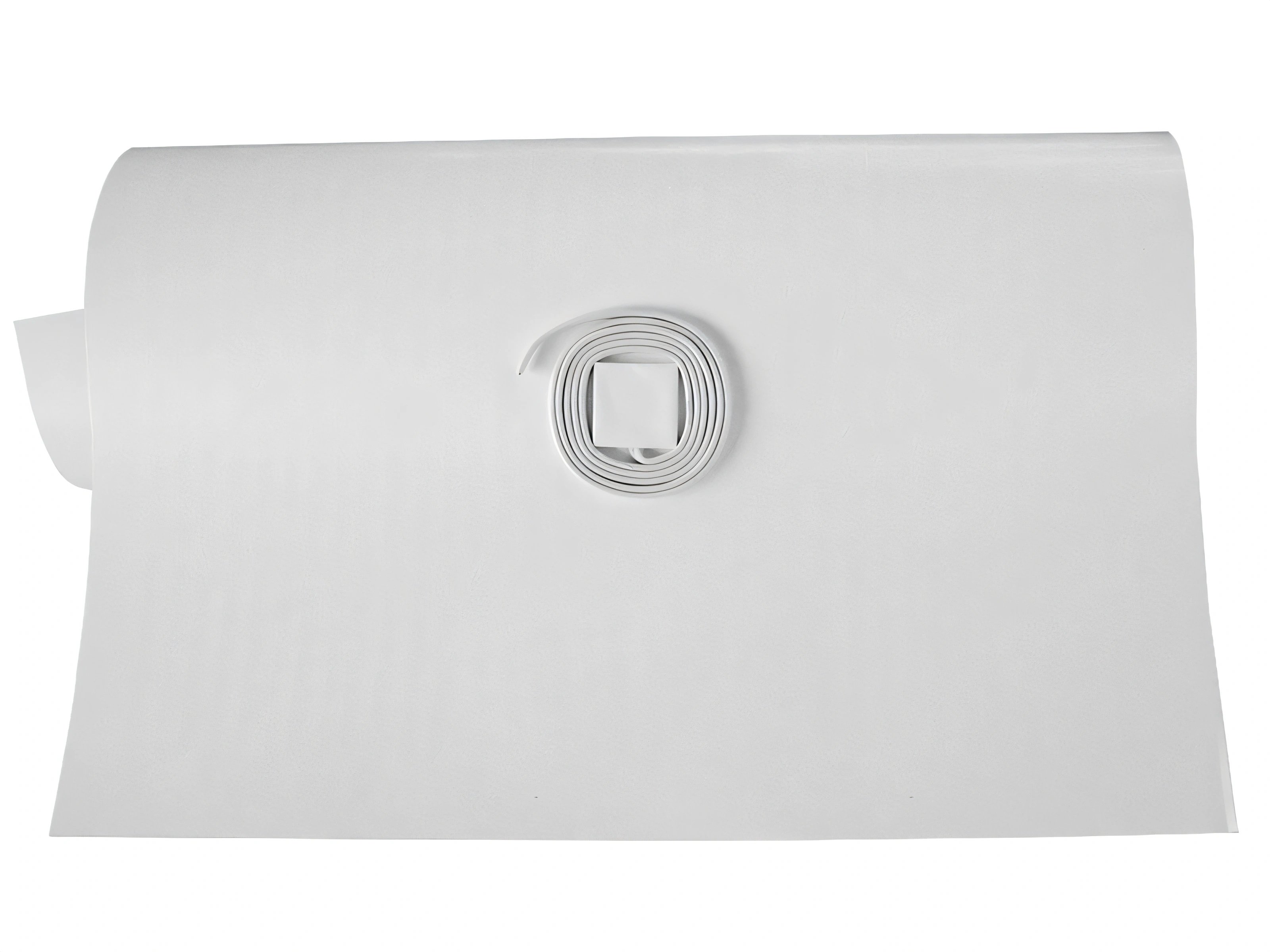 A rectangular mirror defogger heating pad with a central junction box and coiled white power lead wire.