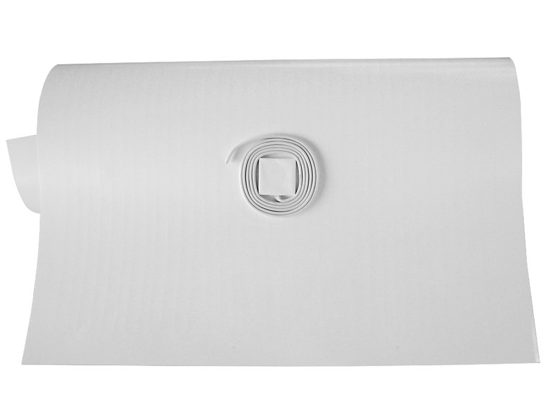 A rectangular mirror defogger heating pad with a central junction box and coiled white power lead wire.