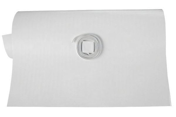 A rectangular mirror defogger heating pad with a central junction box and coiled white power lead wire.