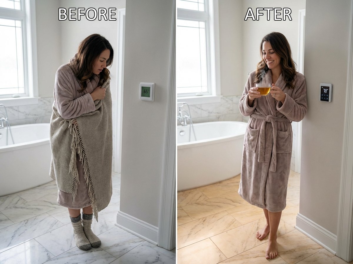 A before-and-after comparison of a bathroom with electric radiant floor heating, showing increased comfort and a higher thermostat temperature.