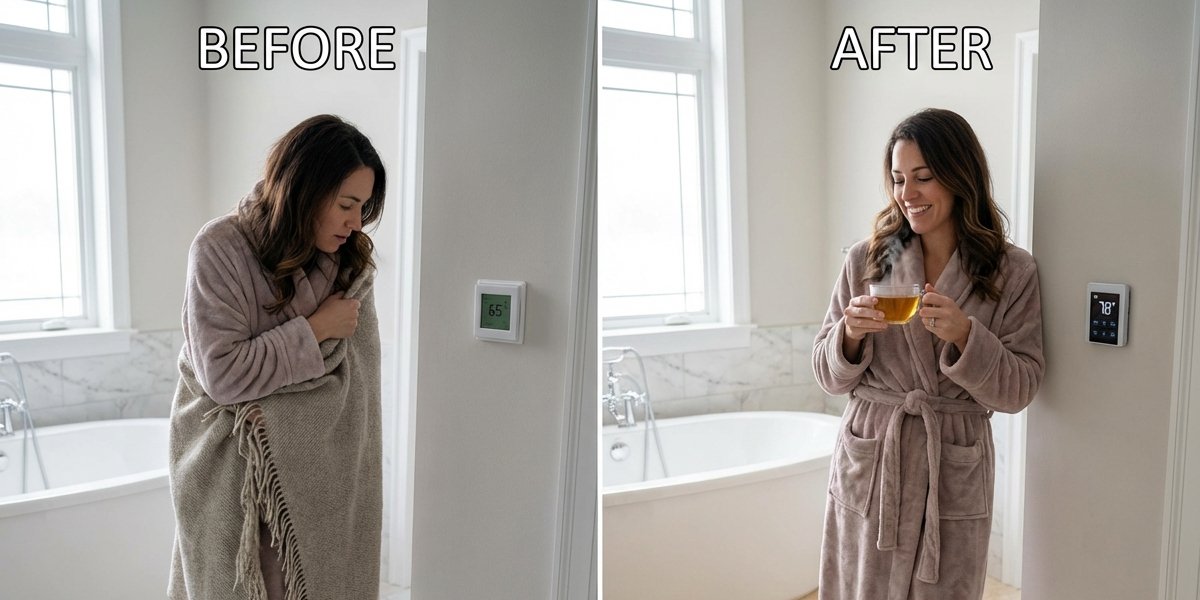 A before-and-after comparison of a bathroom with electric radiant floor heating, showing increased comfort and a higher thermostat temperature.