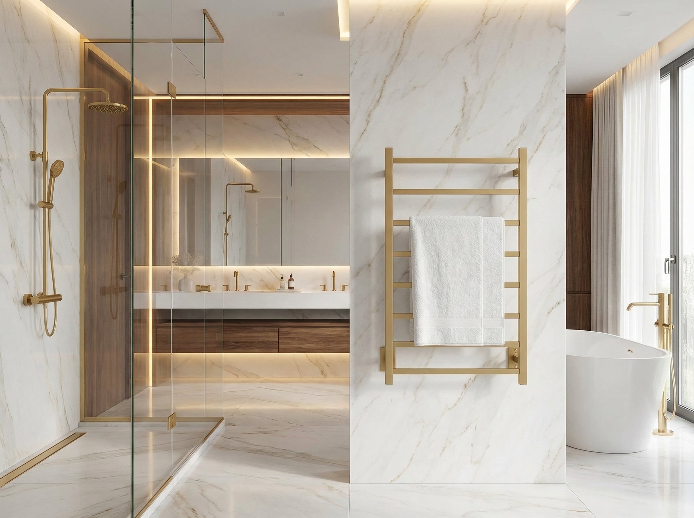 Luxury Bathroom With Radiant Heated Floors and Towel Warmer