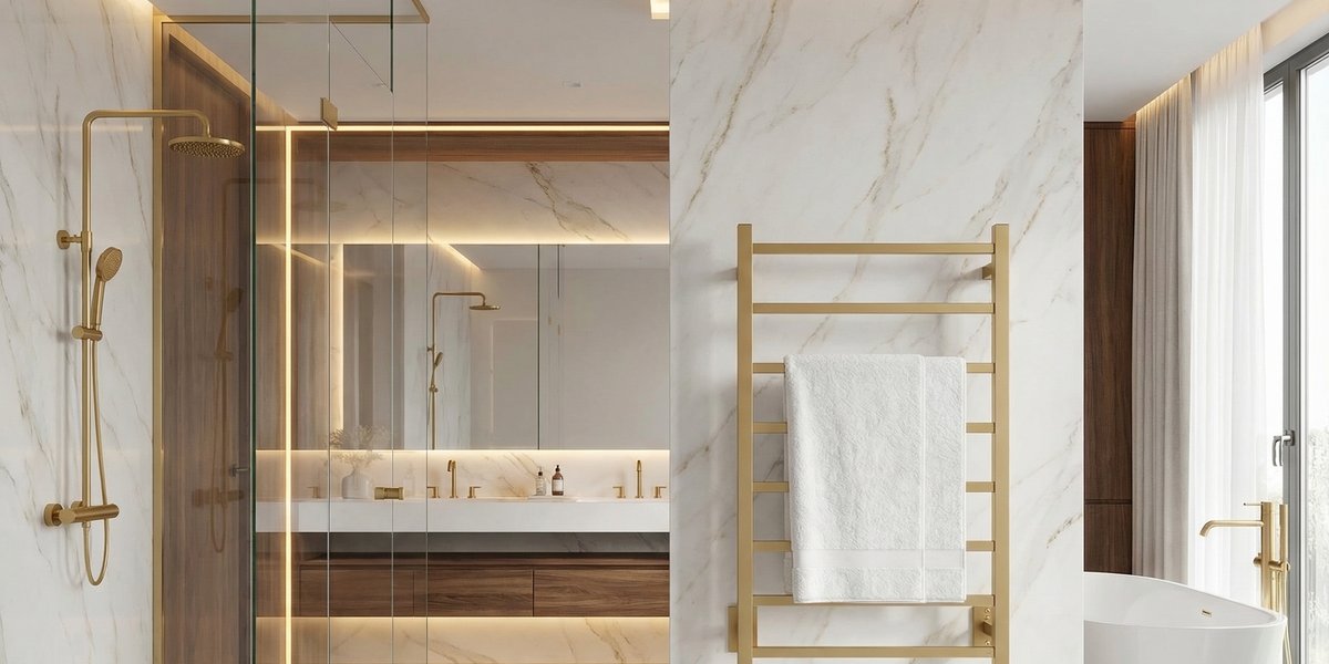 A brushed gold electric towel warmer with eight horizontal bars mounted on a marble bathroom wall above a freestanding tub.