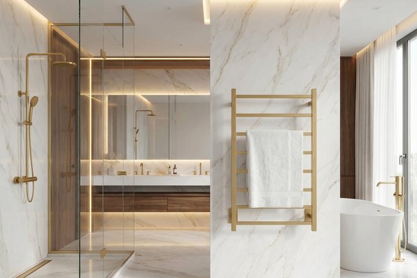 A brushed gold electric towel warmer with eight horizontal bars mounted on a marble bathroom wall above a freestanding tub.