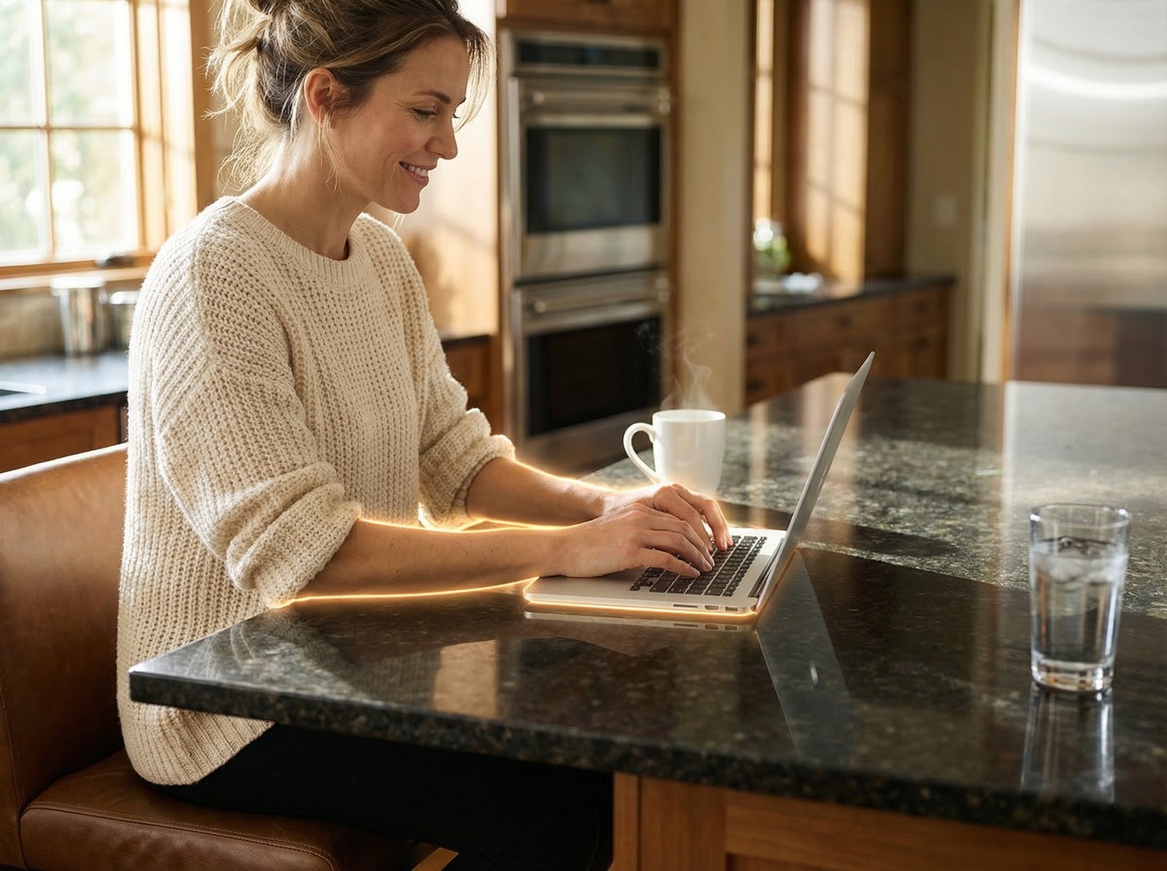A countertop heater providing radiant warmth to a granite kitchen island surface where a woman works on a laptop.