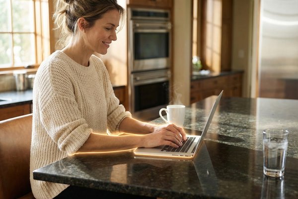 A countertop heater providing radiant warmth to a granite kitchen island surface where a woman works on a laptop.