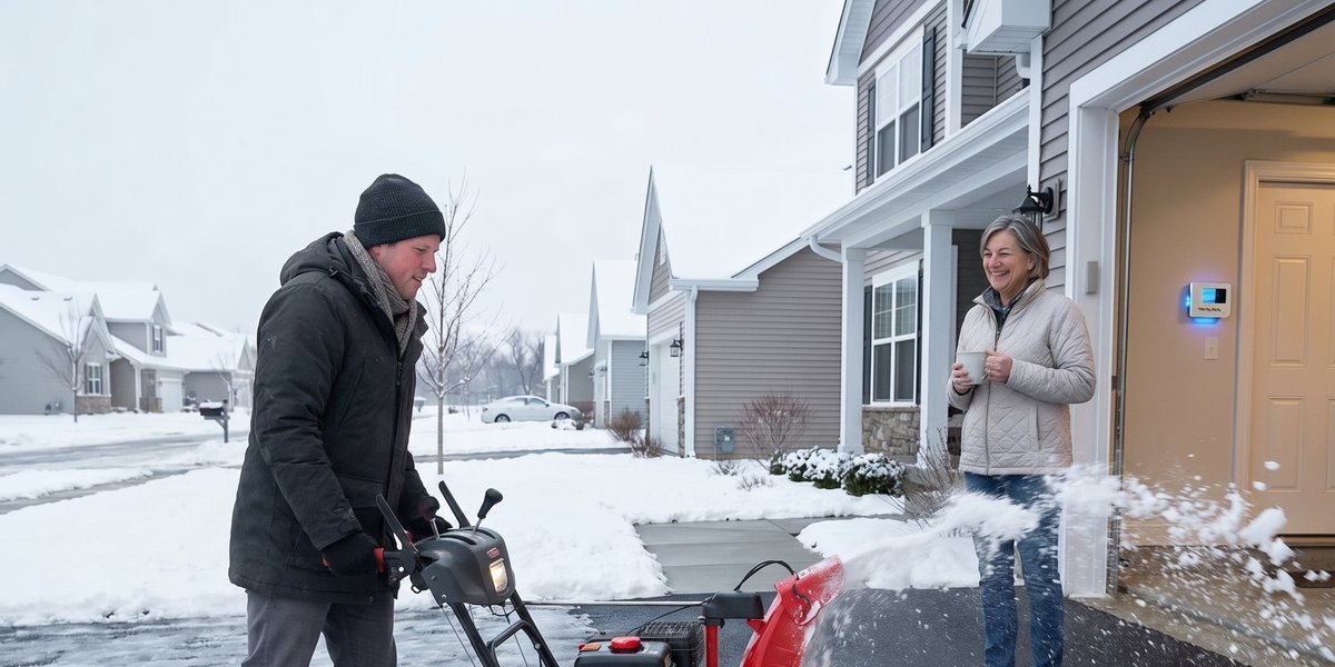 Man Snow Blowing Radiant Heated Driveway After Snowfall
