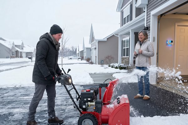 Man Snow Blowing Radiant Heated Driveway After Snowfall