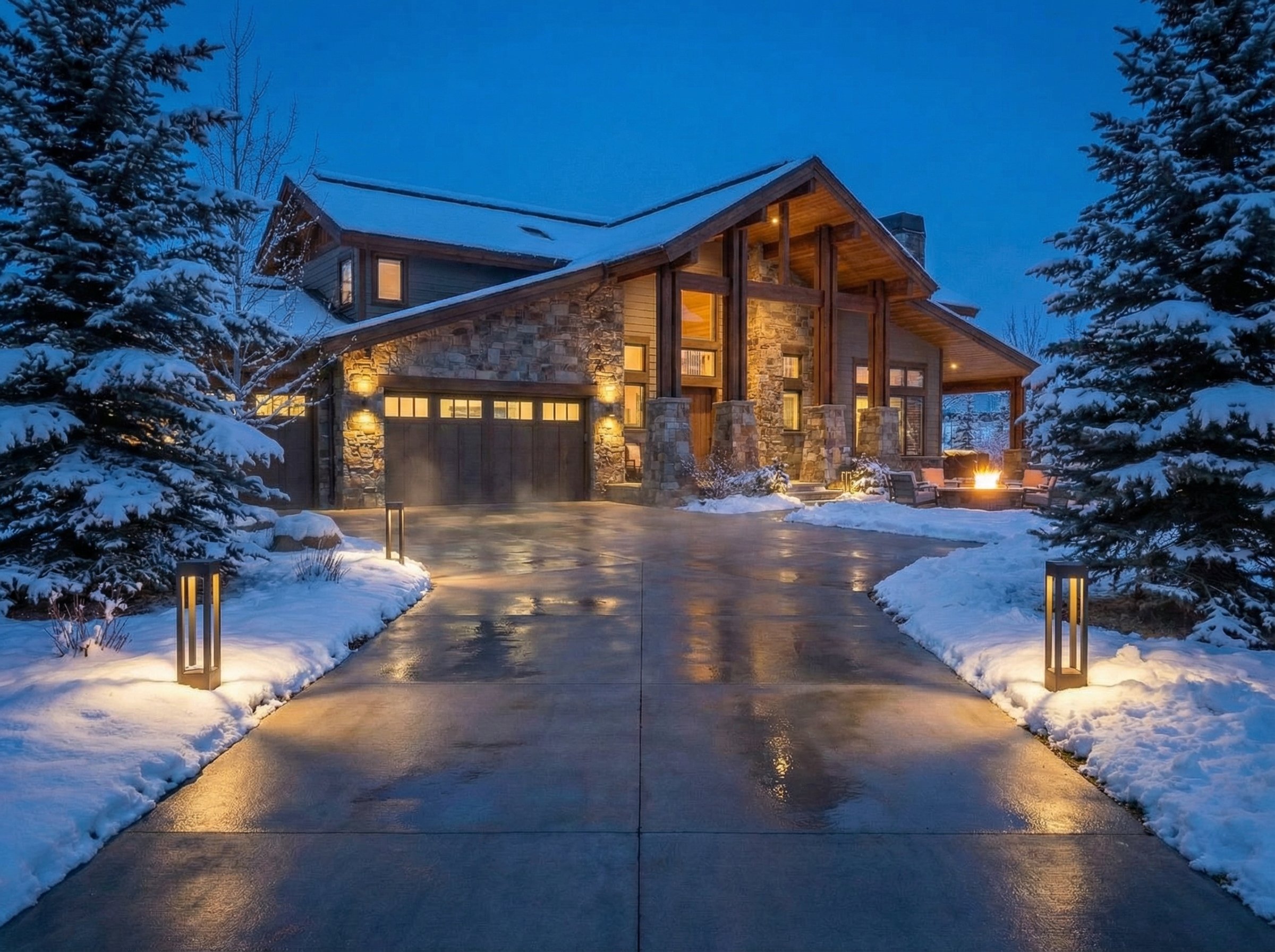 A snow melting system keeps a concrete driveway clear of snow and ice at a rustic-modern home during a winter evening.