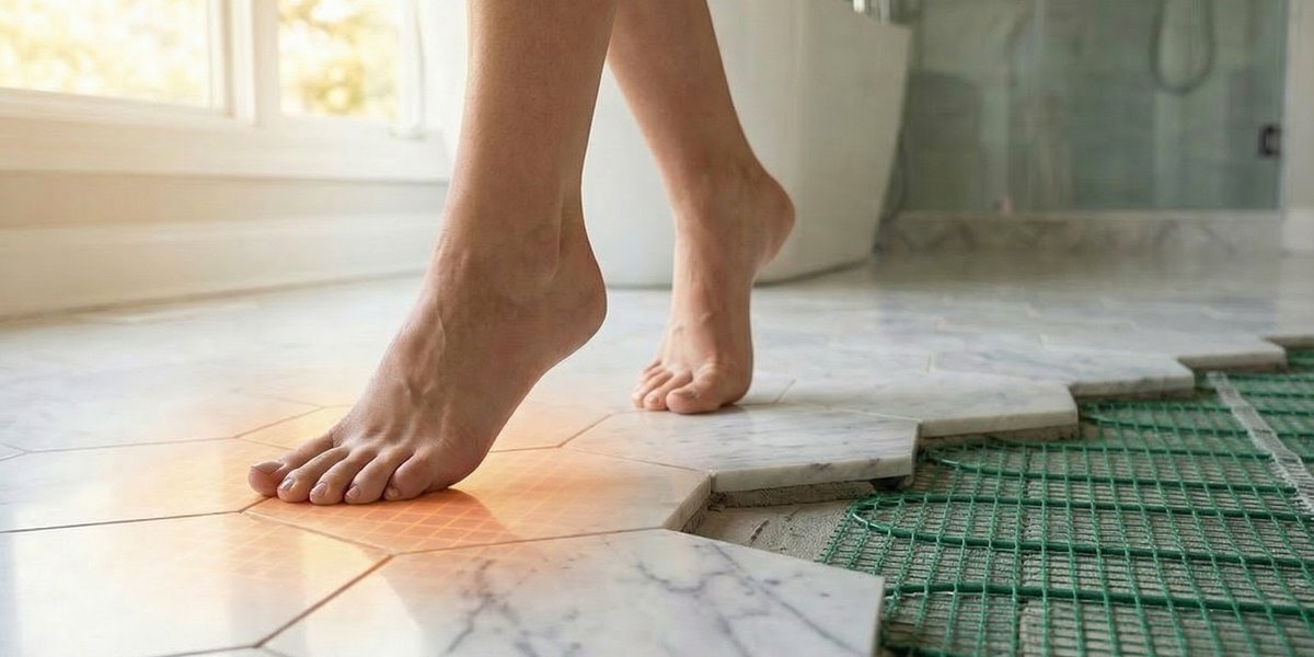 Heated Marble Bathroom Floor with Green Radiant Heat Mesh