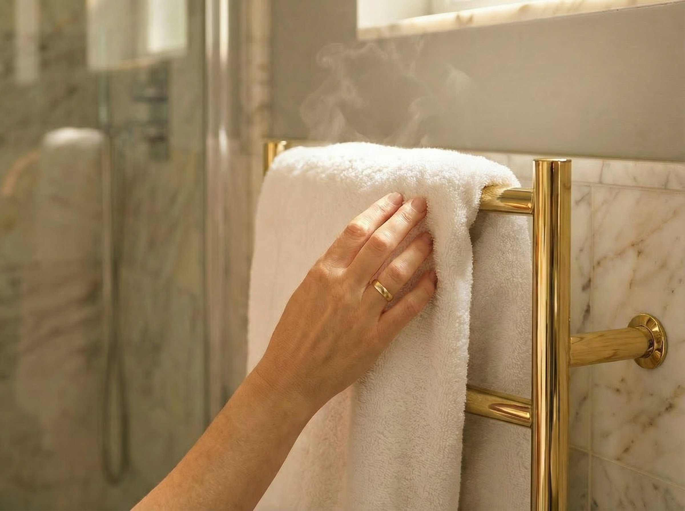 A hand touches a warm towel draped over a gold electric towel warmer mounted on a marble bathroom wall.