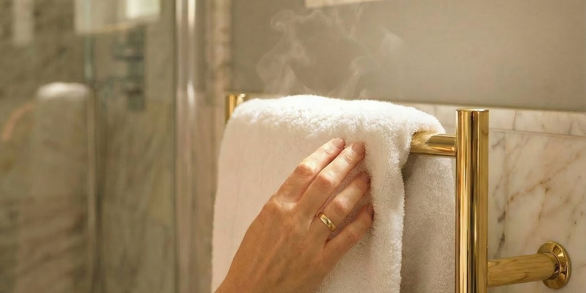 Gold Heated Towel Warmer Provides Bathroom Warmth and Comfort