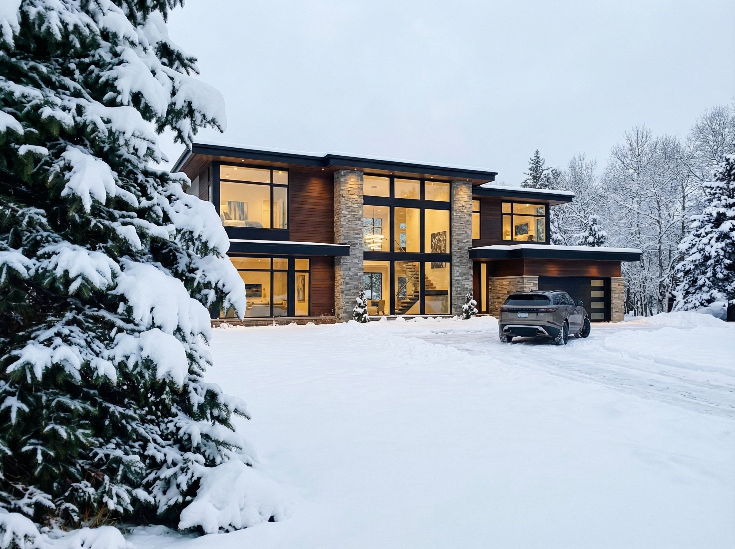 A modern luxury home with a snow melting system clearing the driveway during a winter landscape.