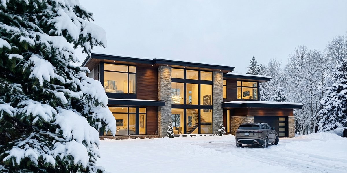 A modern luxury home with a snow melting system clearing the driveway during a winter landscape.