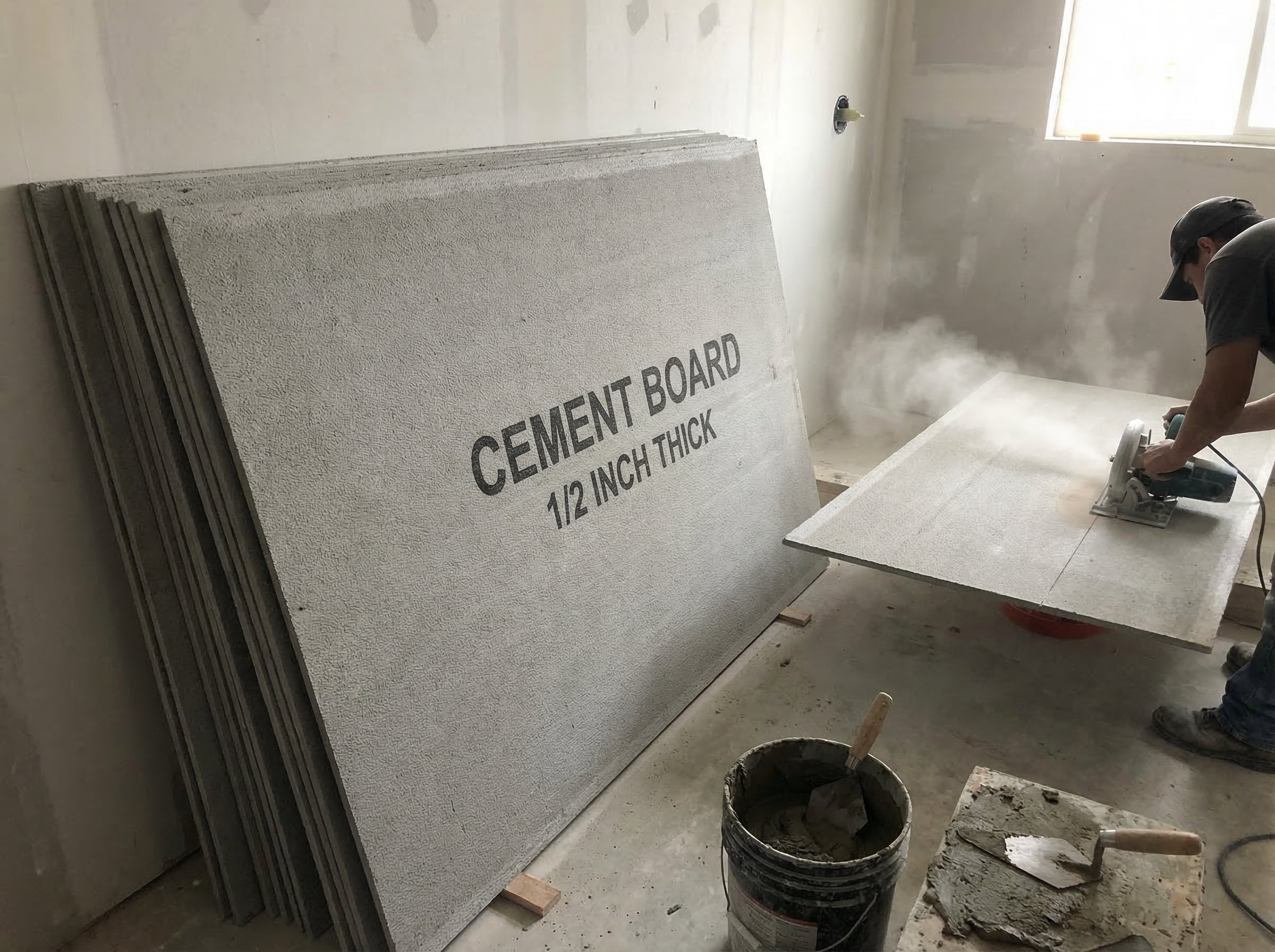 A worker cuts 1/2 inch cement backer board for an electric radiant floor heating installation with mortar and trowels nearby.