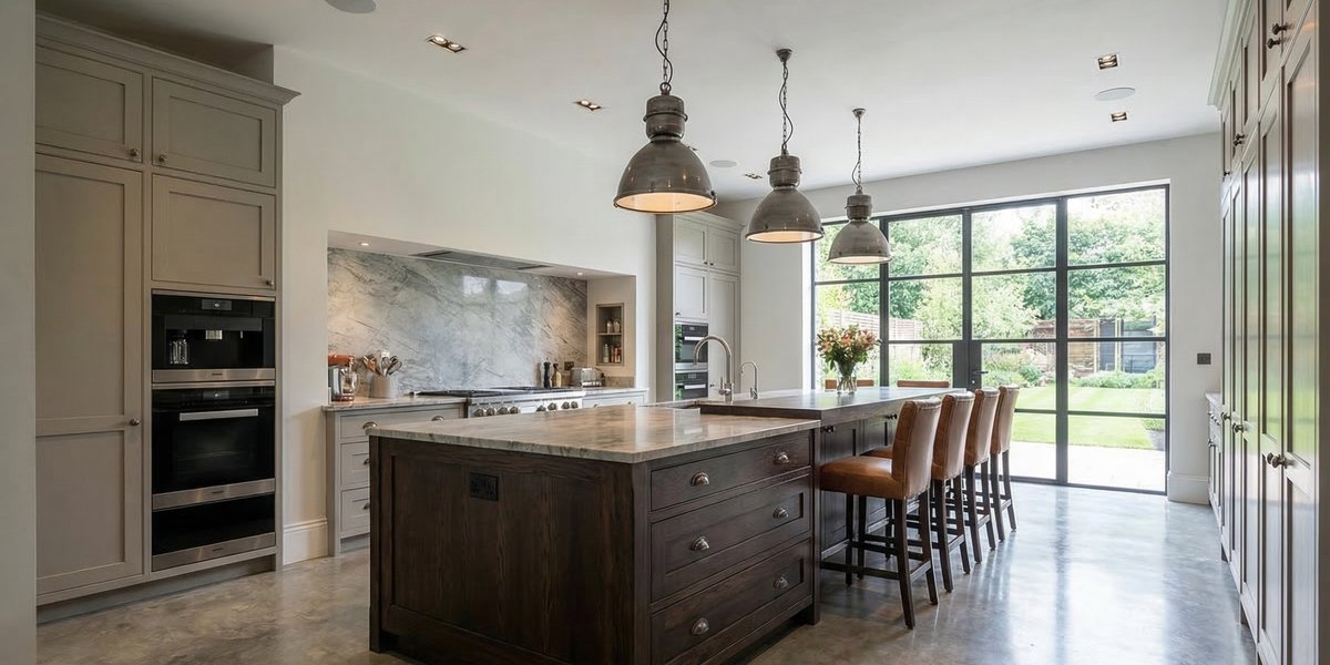 A modern kitchen with polished concrete flooring featuring an integrated electric radiant floor heating system.