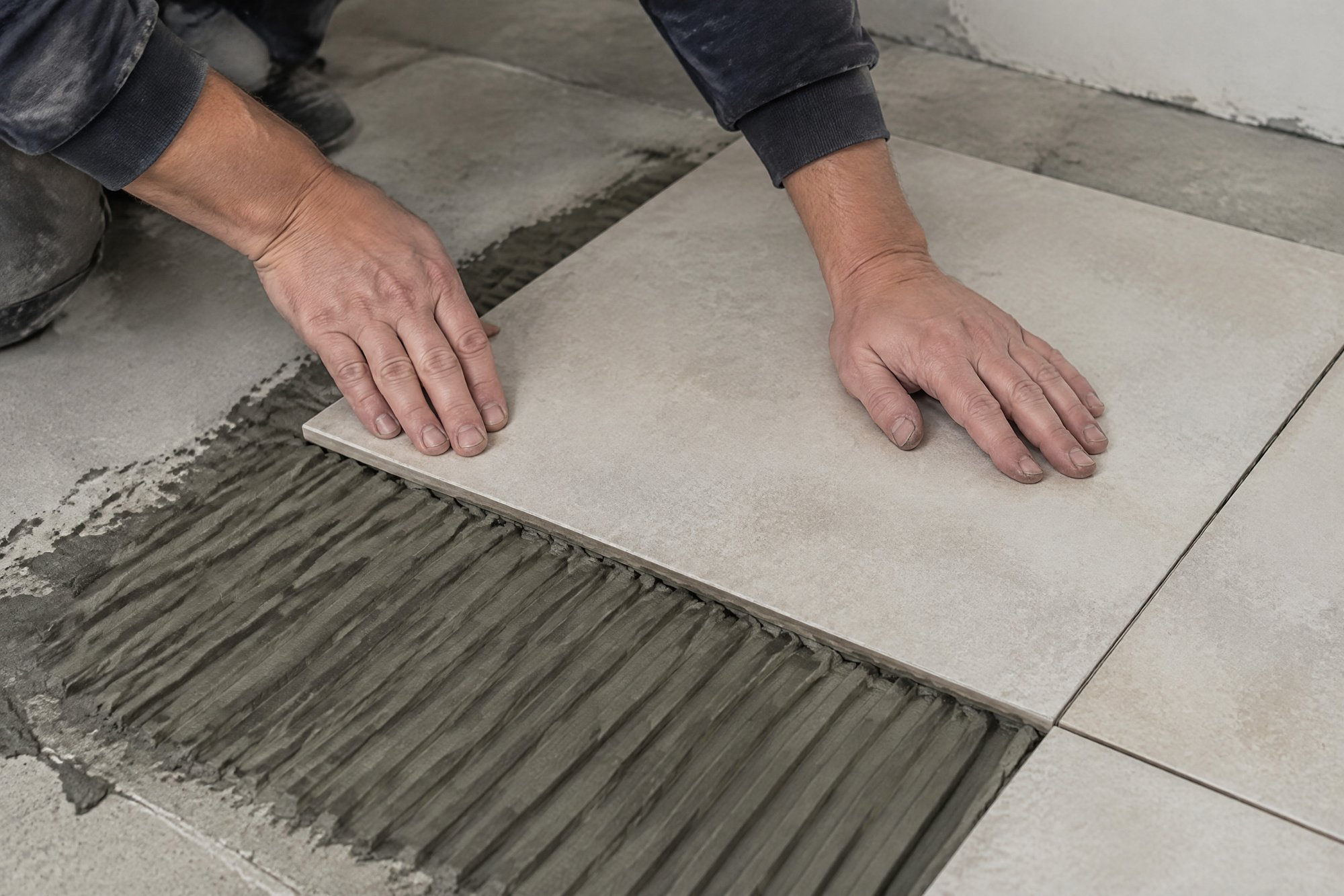 An installer pressing a large off-white square tile into combed thinset.