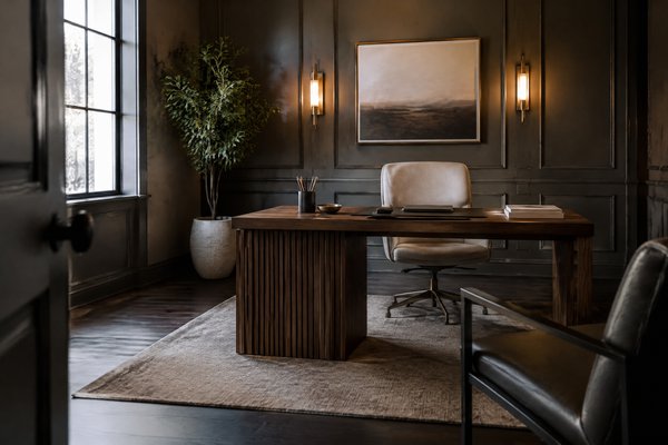 A finished home office with a wood desk, an upholstered chair, and a dark hardwood floor.