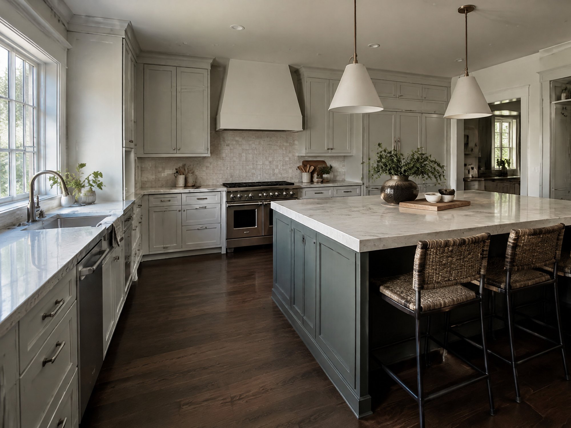 A finished kitchen with light cabinets, a green island, and a dark hardwood floor.
