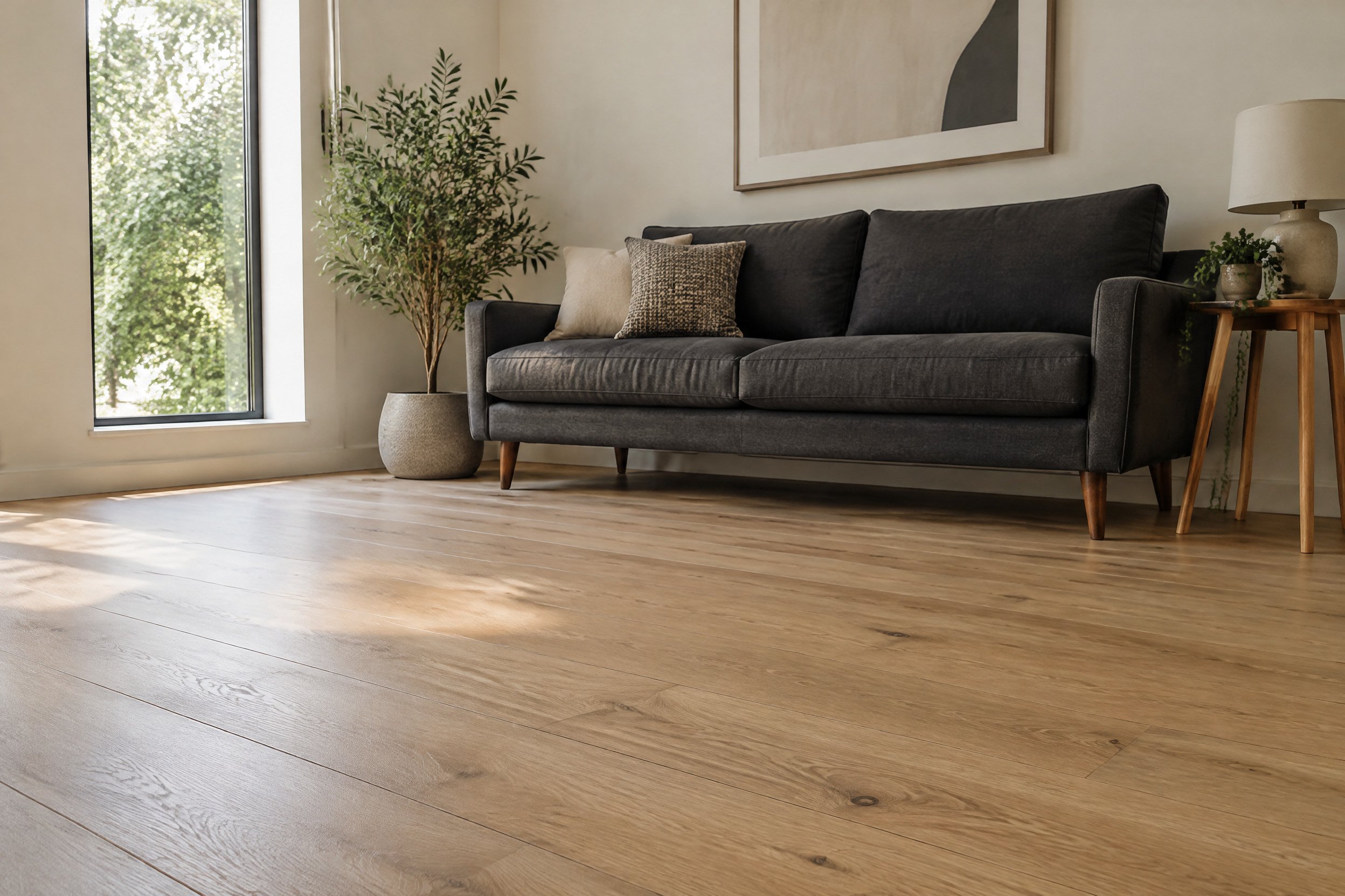 A finished living room with a charcoal sofa and a bare pale oak floor.