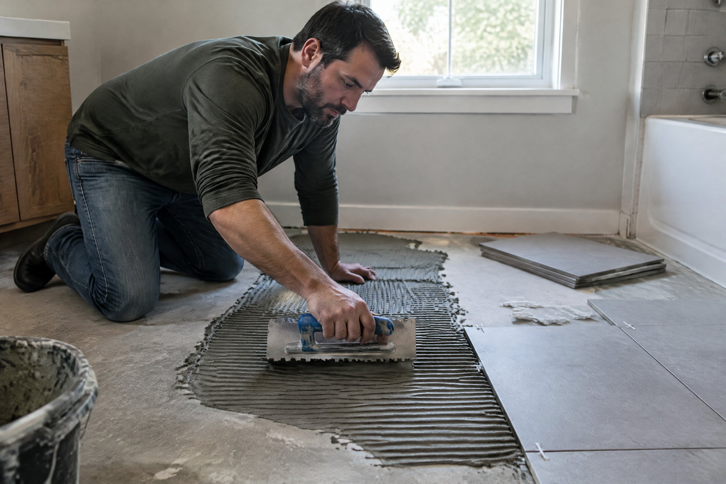 An installer spreading thinset with a notched trowel on an indoor bathroom floor.