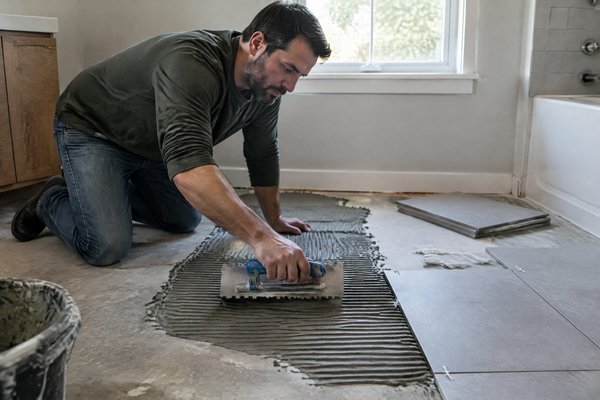 An installer spreading thinset with a notched trowel on an indoor bathroom floor.