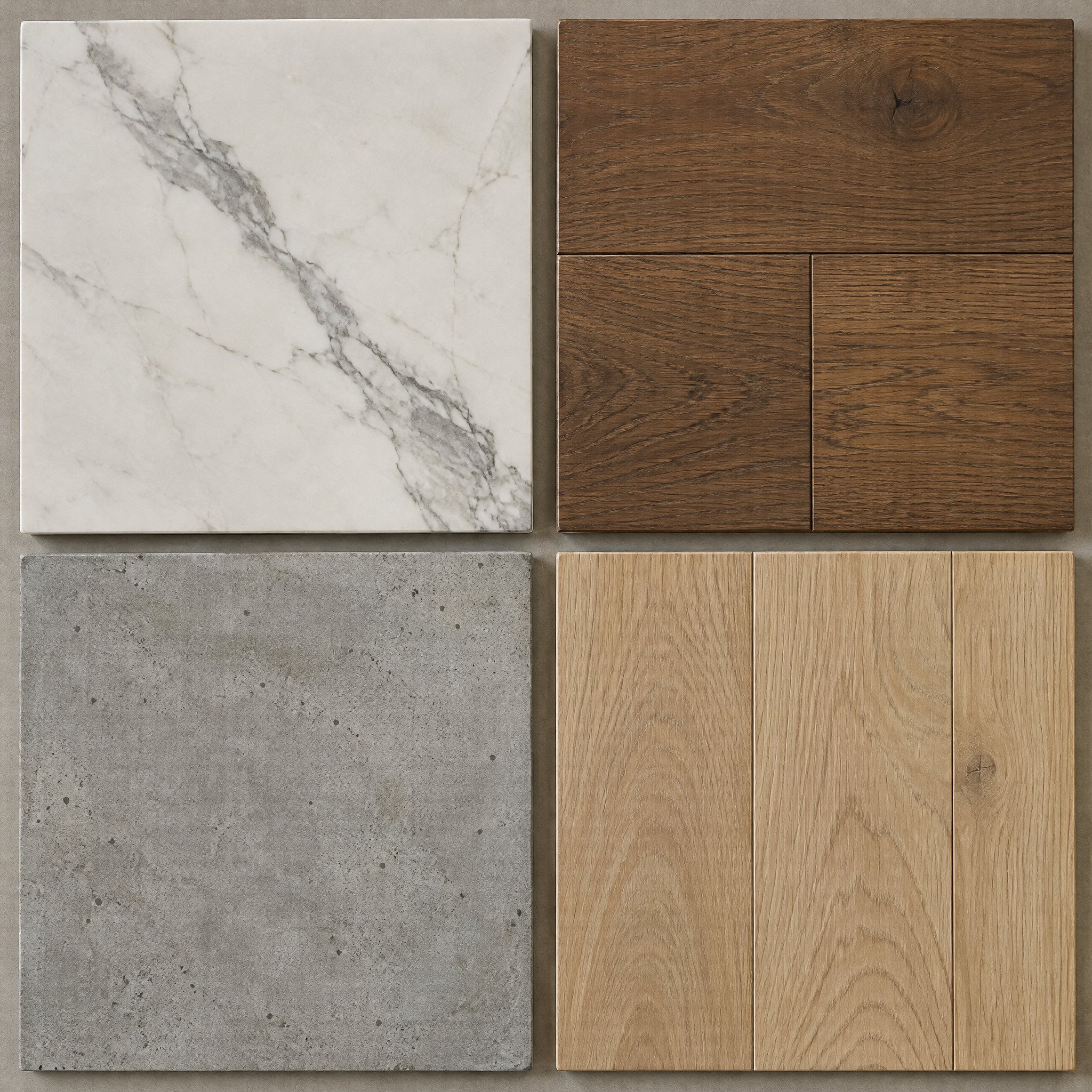 Four flooring samples: marble, medium wood, gray concrete, and light oak.
