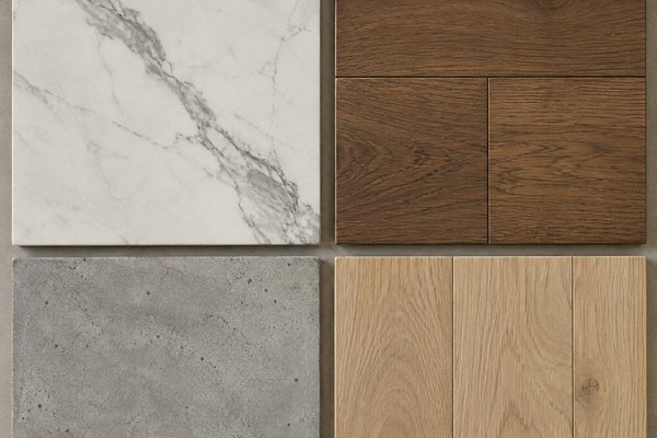 Four flooring samples: marble, medium wood, gray concrete, and light oak.