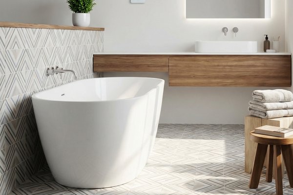 An nSpire Touch thermostat mounted on a bathroom wall above a floor featuring electric radiant floor heating beneath chevron tile.