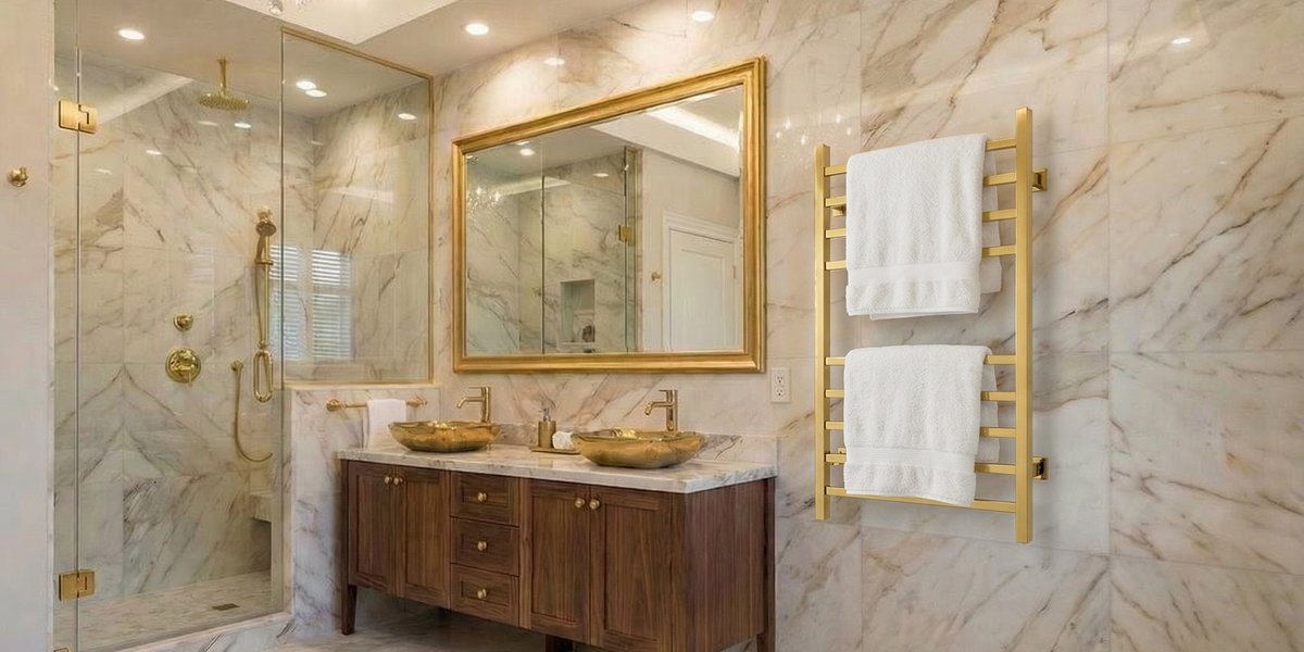 Gold Towel Warmer Radiates Warmth in Modern Bathroom