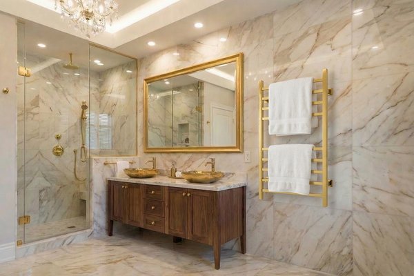 Gold Towel Warmer Radiates Warmth in Modern Bathroom