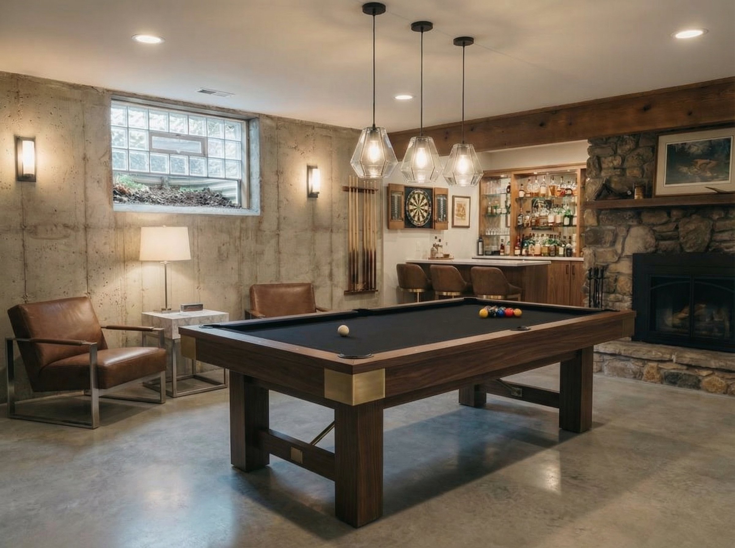 A finished basement game room featuring a polished concrete floor with concealed electric radiant floor heating beneath a modern billiard table.