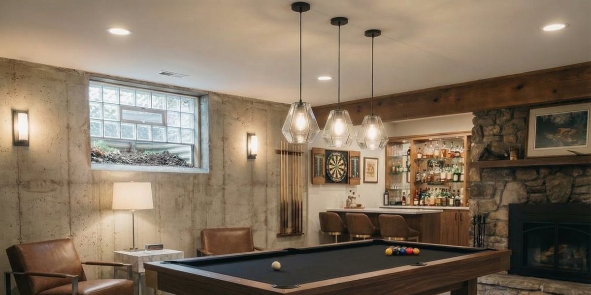 Radiant Heated Basement Game Room with Modern Pool Table