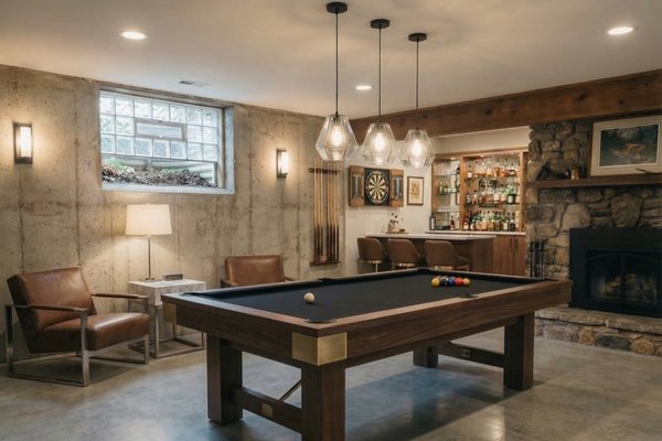 A finished basement game room featuring a polished concrete floor with concealed electric radiant floor heating beneath a modern billiard table.